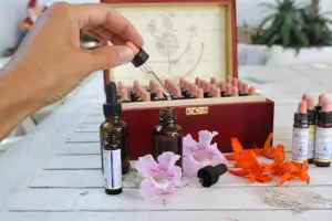 aromatherapy bottles in a wooden box